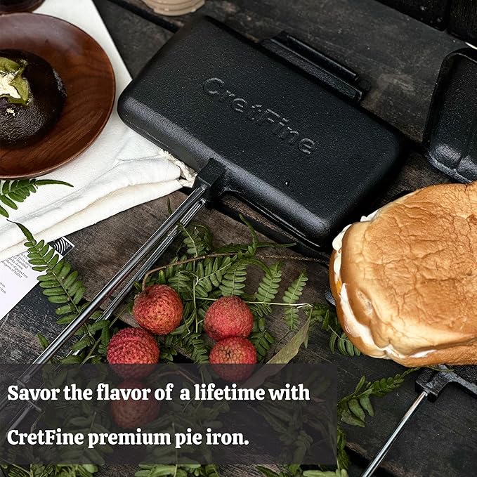 Double Pie Irons Cast Iron Sandwich Maker Pack of 2 for Camping with Storage Bag and Recipes, Camp Cooker Campfire Cooking Equipment for Pies, Sandwiches, Steak, Hot dogs