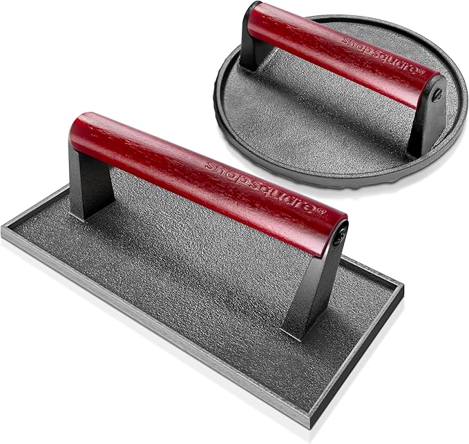 Cast Iron Bacon Press 7" Round & Rectangle 8"x4" Cast Iron Grill Press - Meat Press for Bacon, Steak, Burgers and Sandwiches - Non-Stick Griddle Press with Cool-Touch Wood Handle