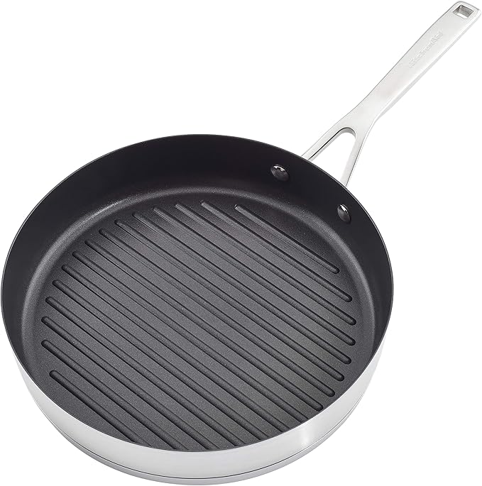 KitchenAid 3-Ply Base Brushed Stainless Steel Induction Pots and Pans Set with Nonstick Round Grill Pan and Lids, Dishwasher Safe, 10 Piece Cookware Set, Brushed Stainless Steel
