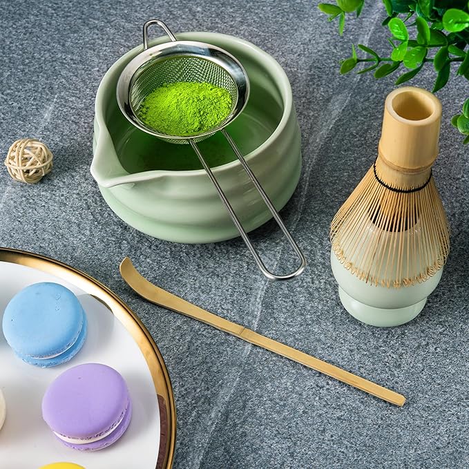 Matcha Whisk Set- Matcha Set includes Matcha Whisk and Bowl with Spout, Sifter, Holder and Scoop- The Perfect Bamboo Whisk for Matcha Tea (Green)