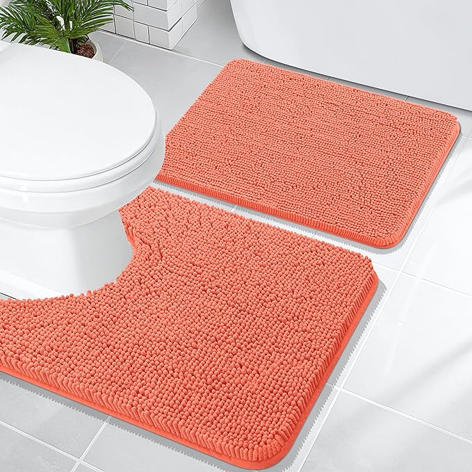 OLANLY Bathroom Rugs Sets 2 Piece, Soft Absorbent Chenille Bath Mats and U-Shaped Contour Toilet Mat Area Rug Set, Machine Washable Bath Carpet, Home Decor Accessories(24"x16"+24"x20", Coral)