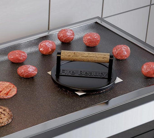 Fire Beauty Burger Press,Cast Iron 6.5" Enamel Surface Grill Press with Wood Handle,Food-Grade Smash Burger Press for Seared Bacon, Steak&Burger