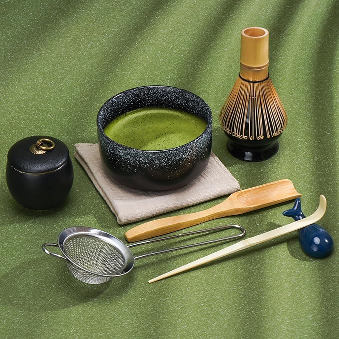 Matcha Tea Set 9 Pcs，Japanese Ceramic Bowl，Bamboo Matcha Whisk (Chasen), Scoop (Chashaku), Stainless Steel Sifter，Whisk Holder,Tea Powder Caddy (Black)