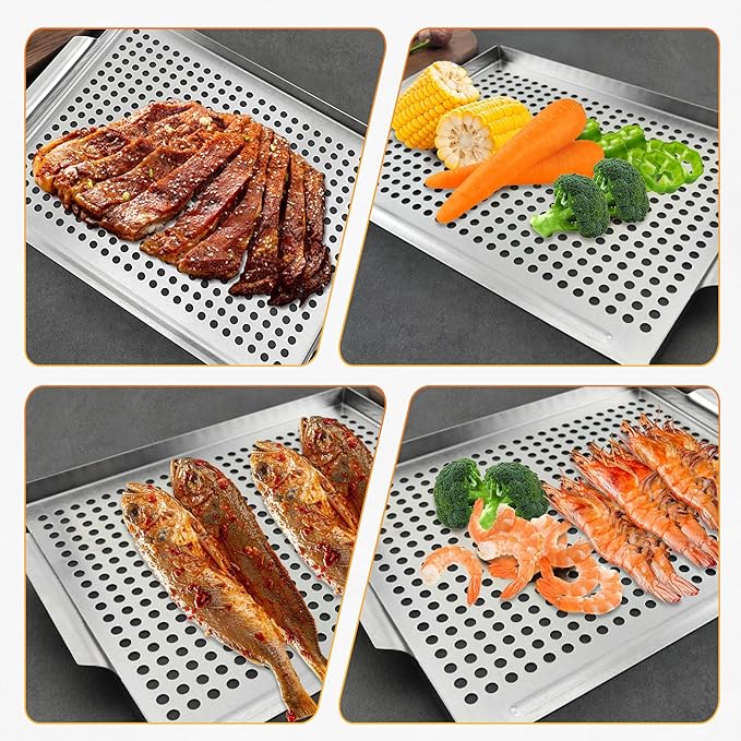 Vegetable Grill Basket, Nonstick Grill Topper for Outdoor Grilling, BBQ Grill Pan with Handles for Vegetable, Fish, Meat, Seafood (15x11IN)