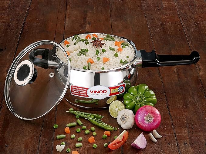 Vinod Pressure Cooker Stainless Steel – Glass Lid Handi Pot - 2.5 Liter – Indian Pressure Cooker – Stove Top Sandwich Bottom – Best Used For Indian Cooking, Soups, and Rice Recipes, Quinoa