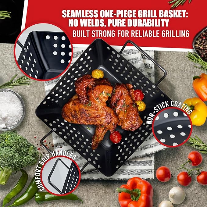 Small Non-Stick 3 Piece Grill Basket Set – BBQ Grilling Basket for Vegetables, Seafood & Meat – Heavy Duty Perforated Grill Pan for Charcoal, Gas and Outdoor Grills, Easy to Clean Grilling Accessories