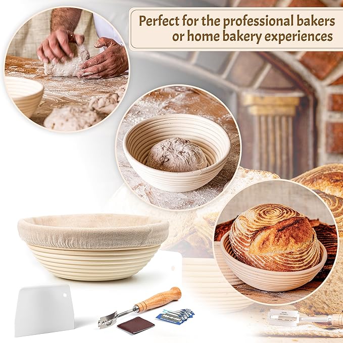 Sourdough Bread Baking Supplies Starter Kit, Banneton Proofing Basket Round 9" Set of 2, Perfect Basket Gift Set