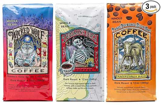 Raven's Brew Whole Bean Variety Pack - 3 Delicious Flavors - Wicked Wolf, Three Peckered Billy Goat and Deadman's Reach - 12 oz each