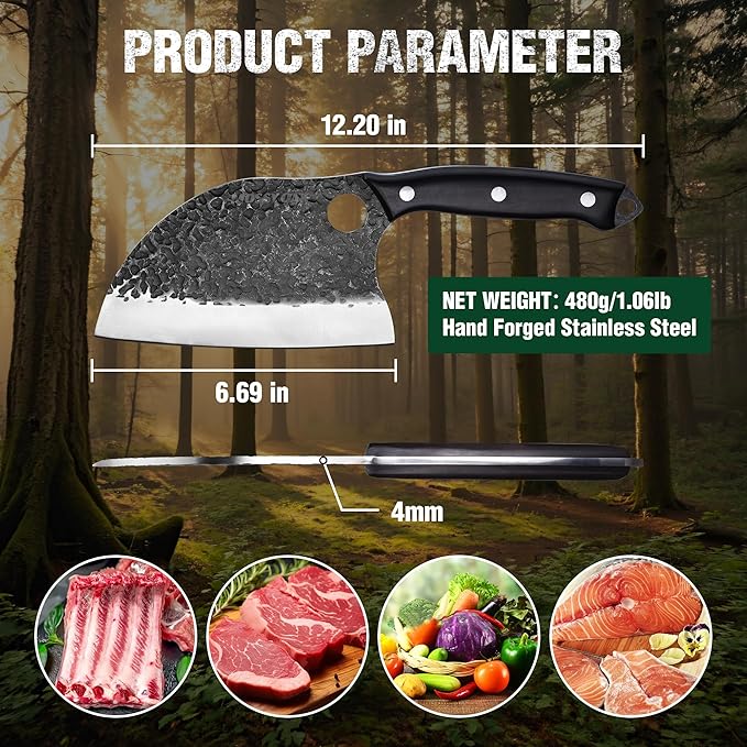 Mossy Oak Serbian Chef Knife, Meat Cleaver Knife with Genuine Leather Sheath, Hand Forged Heavy Duty Chopper Knife Full Tang Handle, Butcher Knife for Kitchen, Outdoor Cooking, Camping