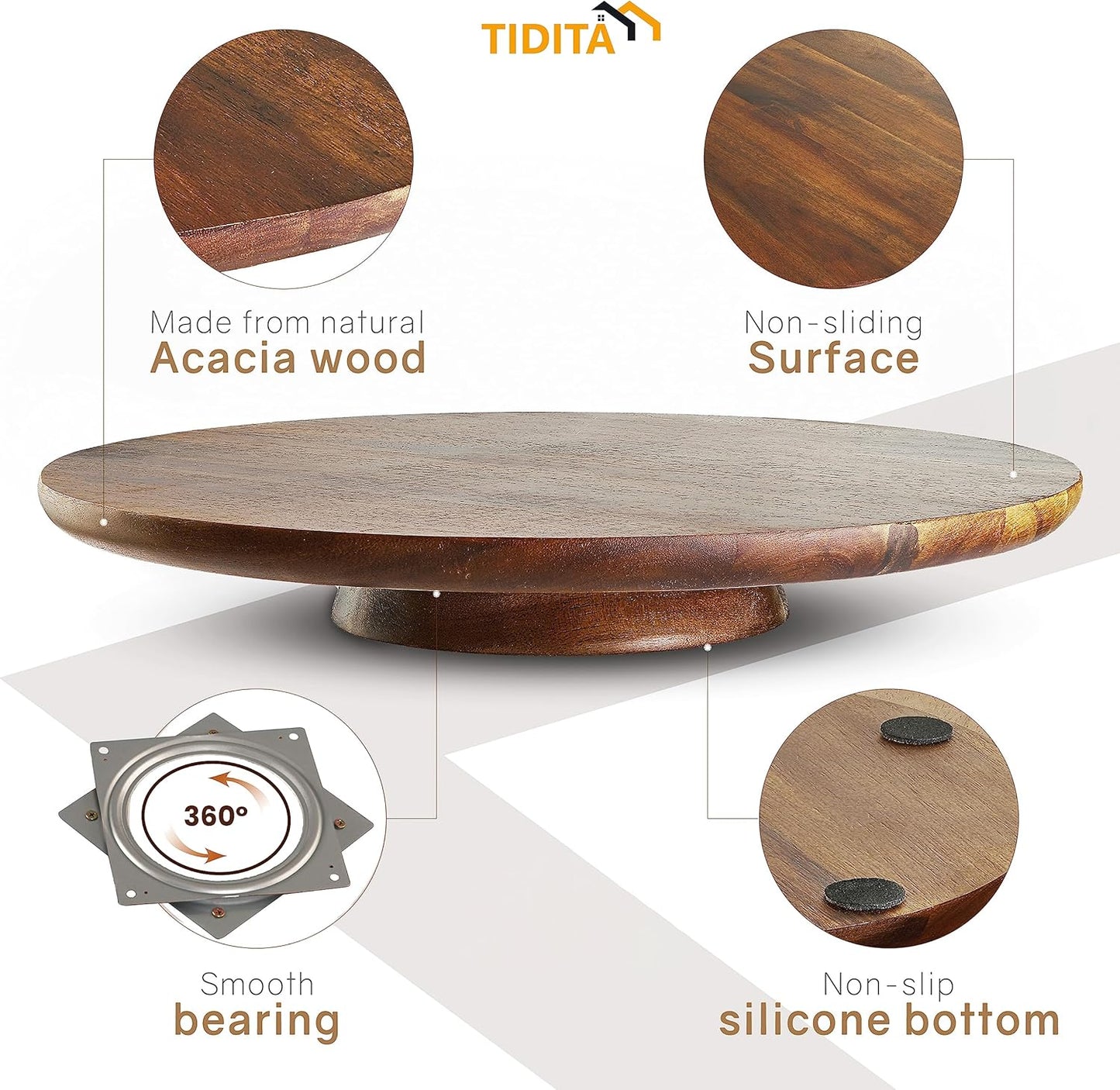 13" Acacia Cake Stand Rotating – Rustic Wood Turntable Pedestal Stands – Wooden Spinning Tables for Food Serving - Round Cake Decorating for Cupcake Dessert Display in Party, Wedding, Birthday