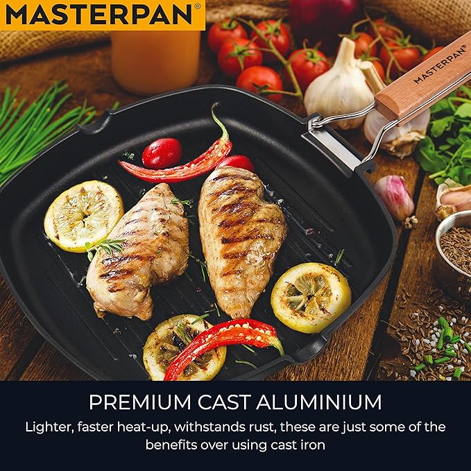 MasterPan Non-Stick Grill Pan with Folding Wooden Handle, 8", Black and Brown