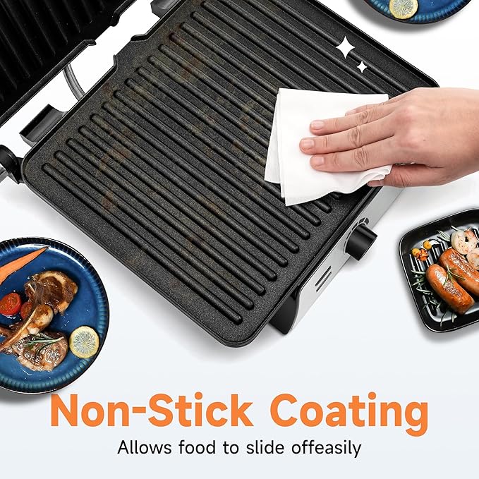 SUSTEAS Panini Press Sandwich Maker and Electric Indoor Grill with Temperature Setting and Grease Tray, Easy Clean Nonstick Grids, Opens 180° to Fit Any Type or Size of Food, 1500W, BBQ, Black