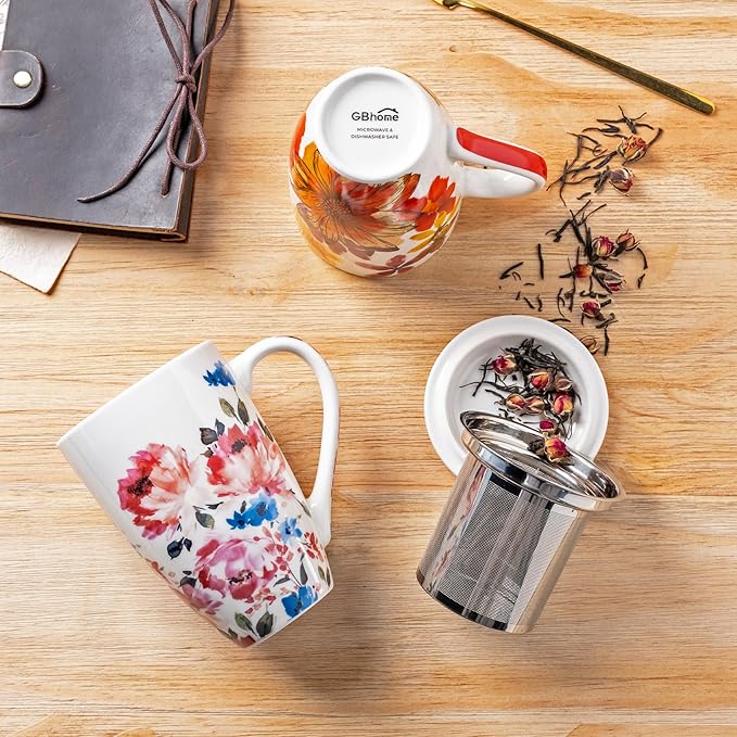 GBHOME Tea Mug with Infuser and Lid, 18 Ounce Large Ceramic Loose Leaf Cup, Microwave, Dishwasher Safe Steeping Mug, Pefect For Tea Lover