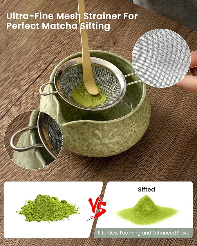Matcha Whisk Set 7 Piece Ceramic Matcha Kit,18 oz Matcha Bowl with Bamboo Whisk & Holder, Bamboo Scoop, Scoop Rest, Sifter and Tea Towel, Complete Matcha Set for Beginners and Tea Lovers(Green)