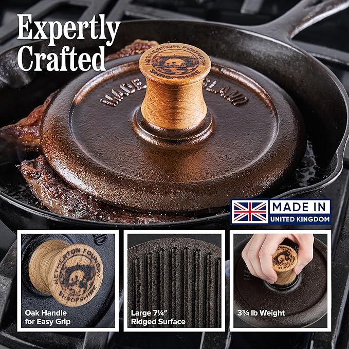 Grill Press and Steak Weight - 7.25” Round Heavy-Duty Cast Iron Burger Press with Wood Handle - Pre-Seasoned Griddle Accessories for Steaks, Burgers, and Bacon - Kitchen Gadgets by Classic Cuisine