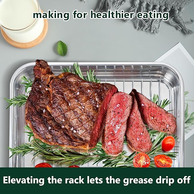 Stainless Steel Roasting Oven Pan: Roaster Pans With Rack & Handles 16.2 * 12.2 * 3 inches - Kitchen Baking Appliances for Turkey Chicken Beef - Kitchen Cookware Gifts for Women Homeowner