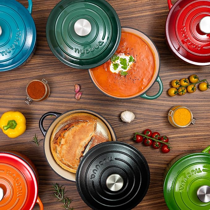 Cast Iron Dutch Oven with Lid – Non-Stick Ovenproof Enamelled Casserole Pot – Sturdy Dutch Oven Cookware – Black, 7.3-Quart, 30cm – by Nuovva