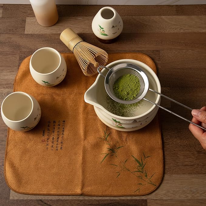 Matcha Whisk Set- Matcha Set includes Matcha Whisk and Bowl (Bowl with Spout), Sifter, Holder and Scoop- The Perfect Bamboo Whisk for Matcha Tea (Cream- 7PC)