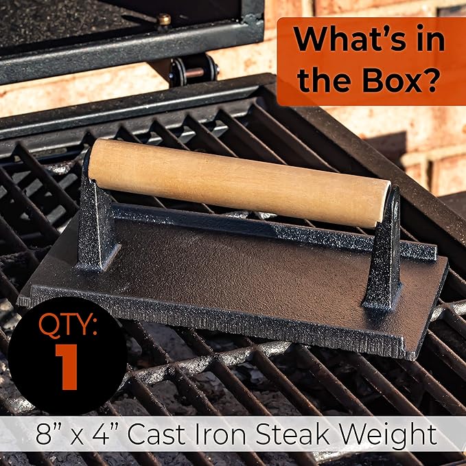 Versatile Safe-Touch 8x4in Cast Iron Grill Weight 1pc. Perfect Meat Press With Wooden Handle for Crispy Bacon Evenly Cooked Steak and Healthier Burgers. Great for Flat Top, Oven, Griddle and Skillet.