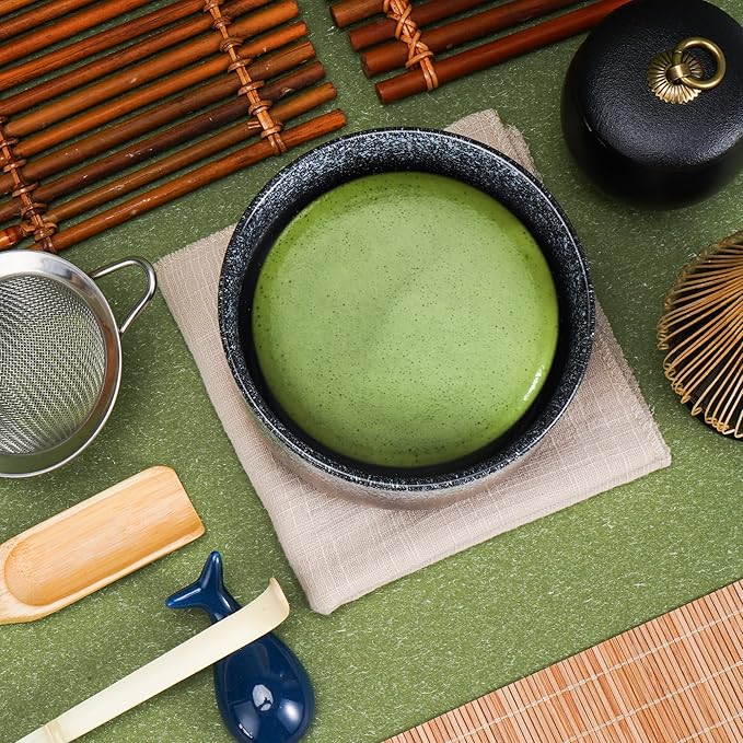 Matcha Tea Set 9 Pcs，Japanese Ceramic Bowl，Bamboo Matcha Whisk (Chasen), Scoop (Chashaku), Stainless Steel Sifter，Whisk Holder,Tea Powder Caddy (Black)