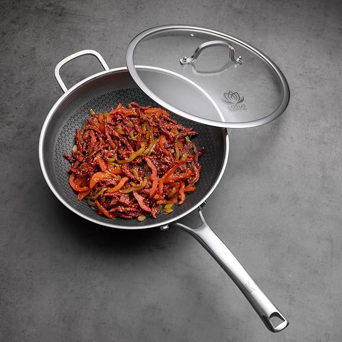 Hybrid Wok Pan, 12-Inch Woks & Stir-Fry Pans Nonstick, Stainless Steel Cookware, Induction Wok With Lid, PFOA Free, Dishwasher Safe Cooking Pan For All Cooktops, Bonus Bamboo Dish Brush