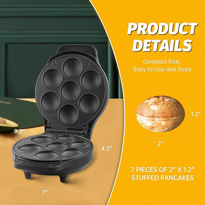 Mini Stuffed Pancakes Maker, Electric Ebleskiver Poffertjes Maker Pan, Danish Pancakes Maker, Cake Pop Maker, Bake 7x 2'' Ebelskivers without any Flipping operation
