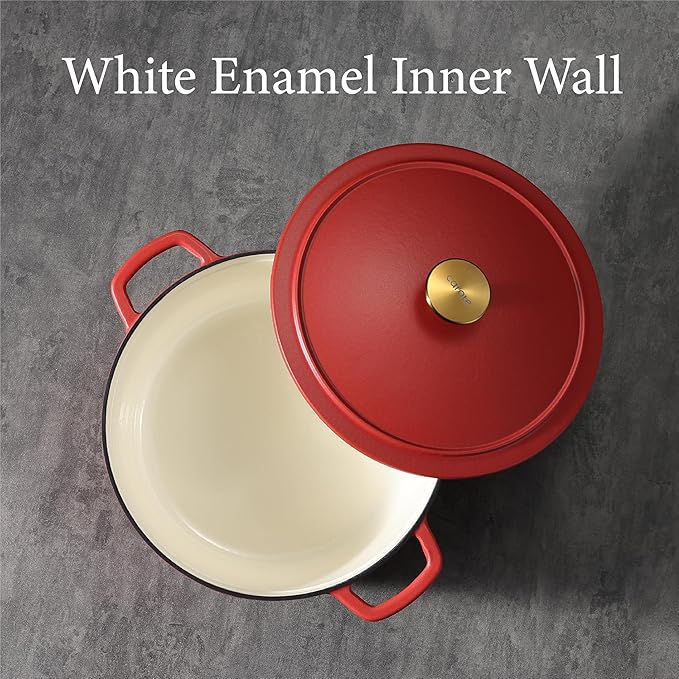 CAROTE Enameled Cast Iron Dutch Oven Pot with Lid, Enameled Dutch Oven for Sourdough Bread Baking, Braising, Stews, Dual Handles, Heavy-Duty Cast Iron Pot, 5QT, Red
