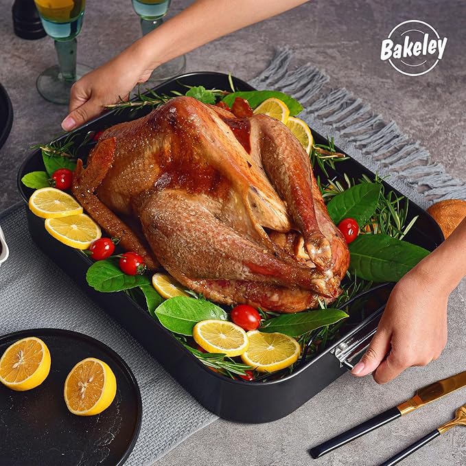 Roasting Pan, Nonstick Roaster Pan with Rack, Turkey Roasting Pan with V Rack, 17 Inch x 13 Inch, Black