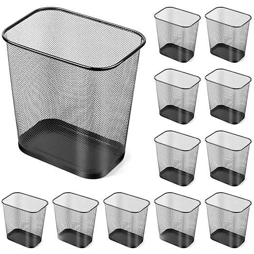 Nuanchu 12 Pcs Mesh Square Trash Cans 4 Gallons Wire Wastebasket for Home Black Metal Office Garbage Cans Rectangular Trash Bin for Kitchen Bathroom Bedroom, 11.7 x 8.5 x 11.8 Inch (Black)