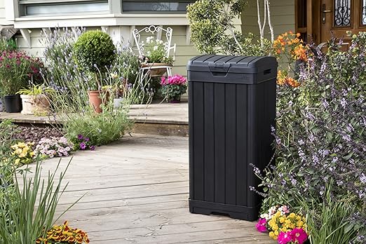 Keter Baltimore Resin 38 Gallon Outdoor Kitchen Trash Can with Lid and Drip Tray for Easy Cleaning-Perfect for Patio Dining, Black