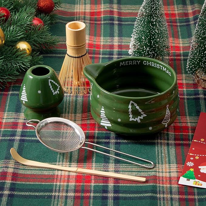 5pcs Premium Matcha Set,Ceramic Bowl with Spout and Bamboo Whisk set, Ceremonical Matcha Kit for breakfast/latte,Tea Starter Making Kit,Unique Matcha Gift set (Christmas Tree)