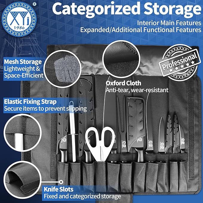 XYJ Professioanl Chef Knife Set with Bag, Sharpening Steel, Gloves, Kitchen Knife Kit, Meat Fork, Paring Utility Carving Boning Steak Nakiri Slicing Bread Chef Knives Set