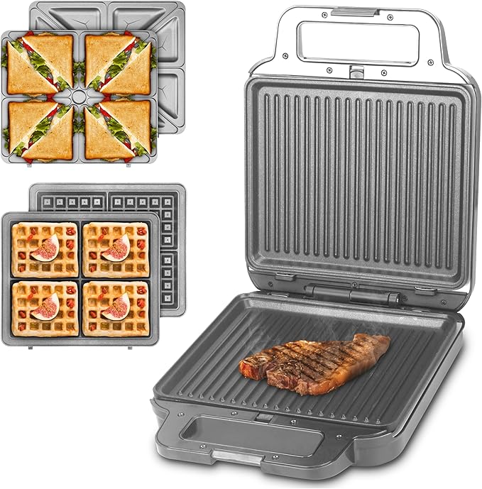Panini Grill Press Breakfast Sandwich Maker 3 in 1, Electric Griddle Panini Press, Grilled Cheese Maker, Sandwichera Electrica, Belgian Waffle Maker with Removable Plates
