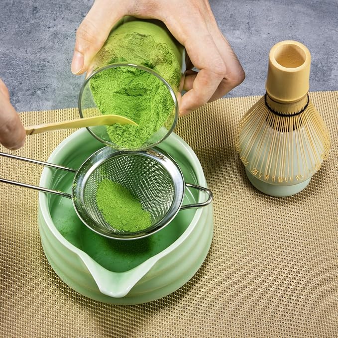 Matcha Whisk Set- Matcha Set includes Matcha Whisk and Bowl with Spout, Sifter, Holder and Scoop- The Perfect Bamboo Whisk for Matcha Tea (Green)