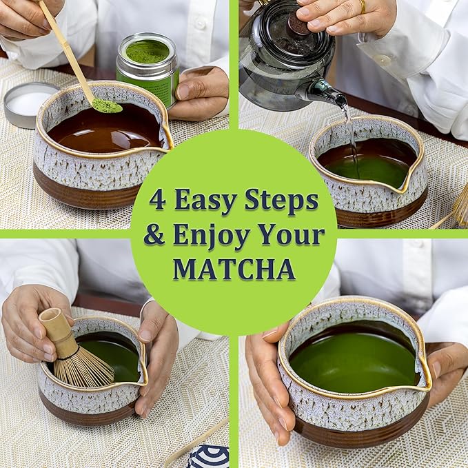 4 Pcs Matcha Whisk Set, Matcha Kit with Bamboo Whisk, Ceramic Spouted Matcha Bowl - Traditional Japanese Tea Set
