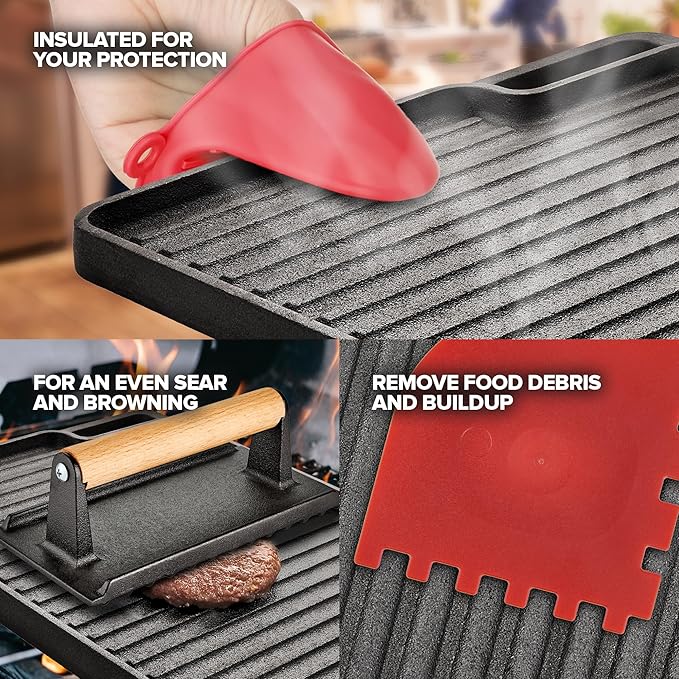 Cast Iron Griddle/Grill Reversible Combo Set + Protective Mitts, Grill Press & Scraper- Pre-seasoned Indoor & Outdoor gas Stove Griddle- Stovetop, Camping or Home Cooking Non-Stick Griddle Pan