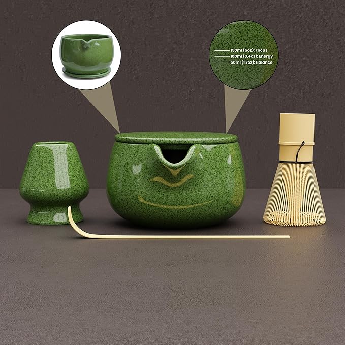 Matcha Whisk Set – Traditional Bamboo Chasen with Ceramic Bowl (Green), Measurement Lines, Spoon, Lid/Coaster - Green