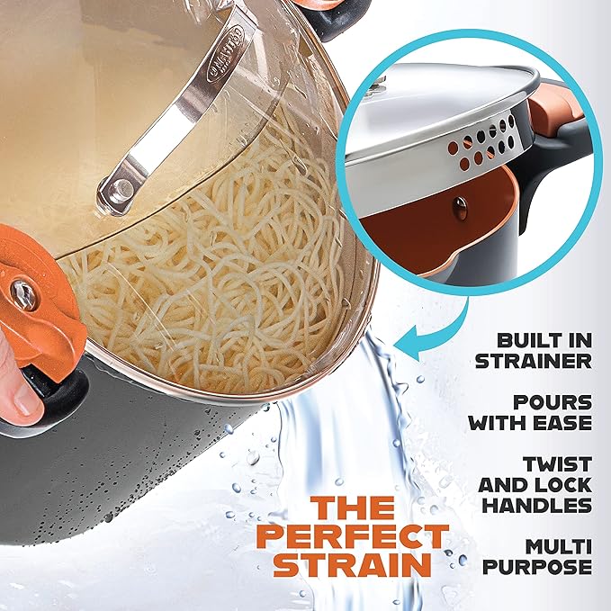 GOTHAM STEEL 5 Qt Ceramic Stock Pot Multipurpose Pasta Pot with Strainer Lid & Twist and Lock Handles, Nonstick Ceramic for Soup, Spaghetti, Rice, Pots for Kitchen, Dishwasher Safe - Copper