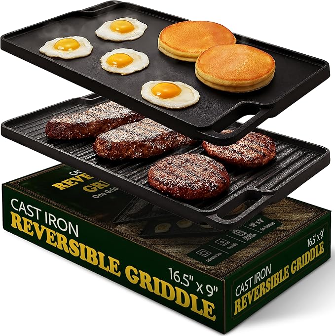 Cast Iron Griddle/Grill Reversible Combo Set + Protective Mitts, Grill Press & Scraper- Pre-seasoned Indoor & Outdoor gas Stove Griddle- Stovetop, Camping or Home Cooking Non-Stick Griddle Pan