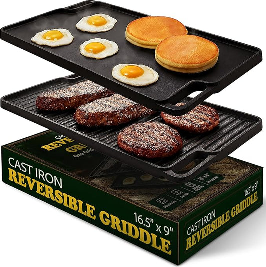 Cast Iron Griddle/Grill Reversible Combo Set + Protective Mitts, Grill Press & Scraper- Pre-seasoned Indoor & Outdoor gas Stove Griddle- Stovetop, Camping or Home Cooking Non-Stick Griddle Pan