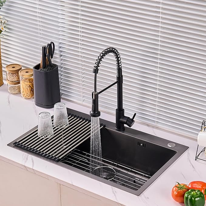 Top-Mount Kitchen Sink and Faucet, 30 inch Drop in Black Kitchen Sinks Single Bowl,9" Deep Handmade Overmount Kitchen Sink, T304 Stainless Steel Nano Black Workstation Sink with Accessories
