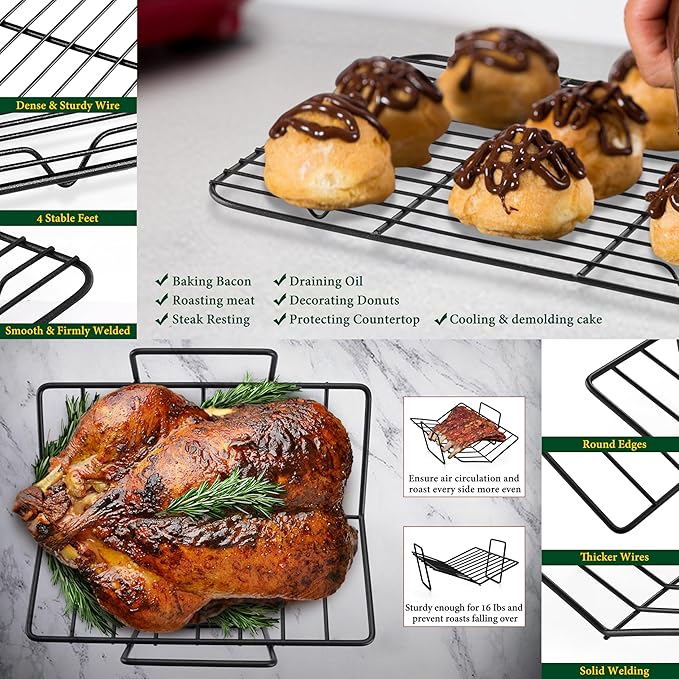E-far Roasting Pan with Racks, Small Stainless Steel Turkey Roaster with V-Shaped & Cooling Rack for Oven, 14 Inch Nonstick Deep Broiler Pan with Handles for Baking Chicken Lasagna Meat, Heavy Duty