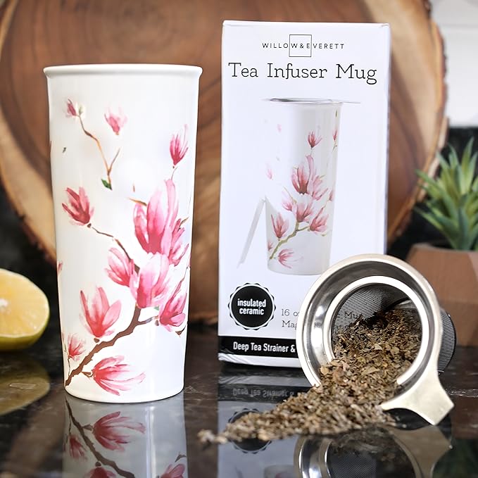 Willow & Everett 16oz Double-Walled Ceramic Tea Cup with Infuser and Lid. Tall Coffee Mugs - Magnolia Finish