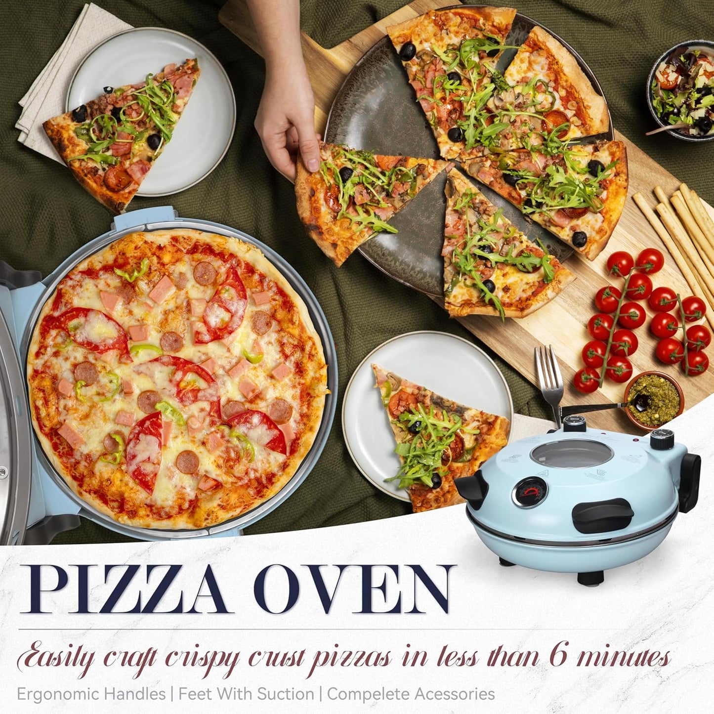 Baker's Friend Electric Pizza Oven Indoor Countertop, 12 Inch Maker Machine for Home, Cooker & Grill, Premium Glazed Ceramic Stone Oven, Pale Blue