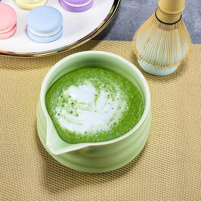 Matcha Whisk Set- Matcha Set includes Matcha Whisk and Bowl (Bowl with Spout), Sifter, Holder and Scoop- The Perfect Bamboo Whisk for Matcha Tea (Green- 7PC)