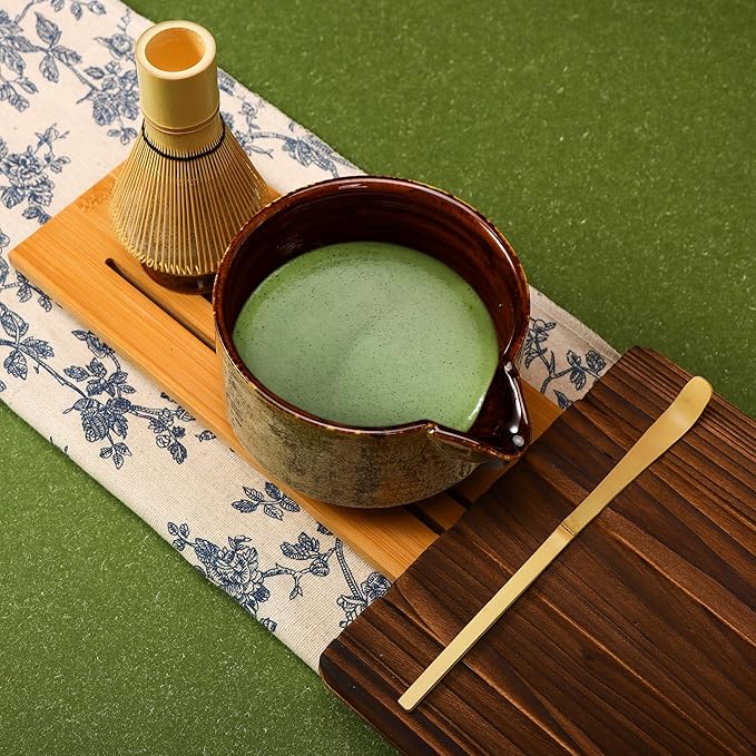 Matcha Tea Set 4 Pcs, JapaneseTraditional Ceramic Bowl, Bamboo Whisk (Chasen), Scoop (Chashaku), Holder (brown)