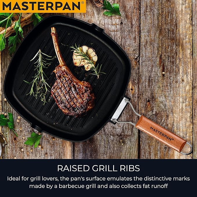 MasterPan Non-Stick Grill Pan Wooden, 11", Folding Handles