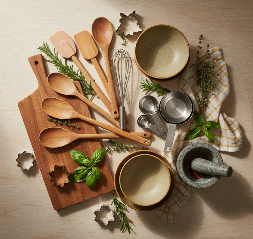 circle photo of kitchen and home cooking supplies, make a real photo